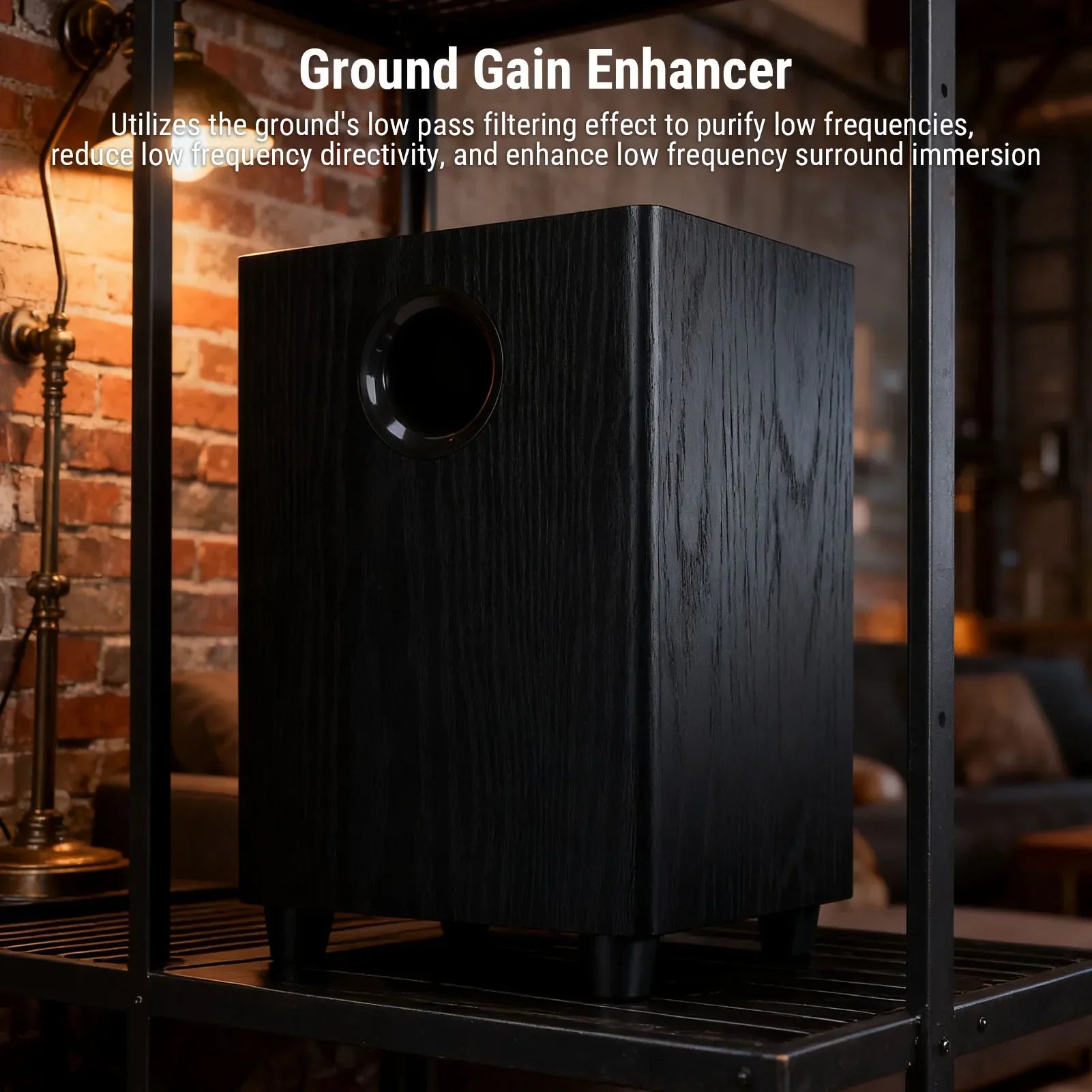 Black wood-finish independent passive subwoofer speaker with circular port ideal for home theater party use