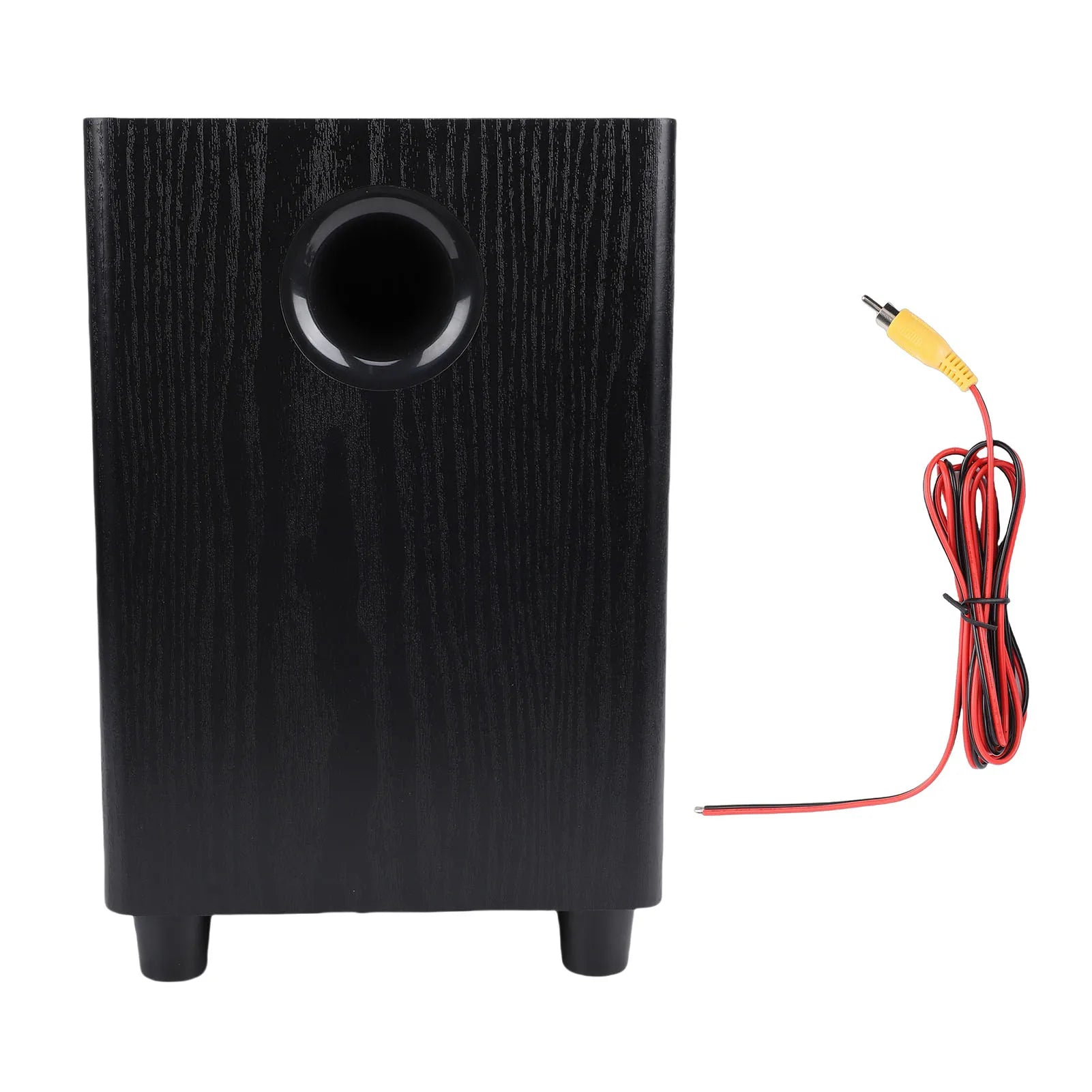 Black wood-grain 6.5 inch independent passive subwoofer speaker with circular port and feet for home theater party
