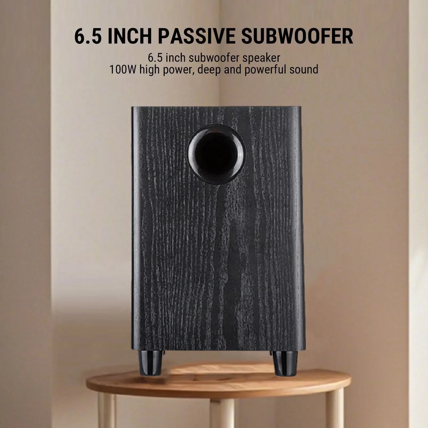 Black wood-grain finished 6.5 inch independent passive subwoofer speaker for home theater party with circular port and sturdy feet