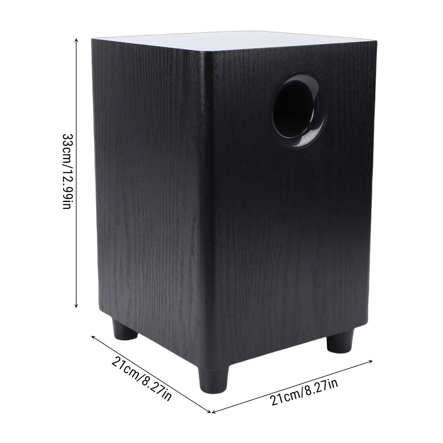 Black wood-grain finished cube-shaped independent passive subwoofer speaker with circular port for home theater party use