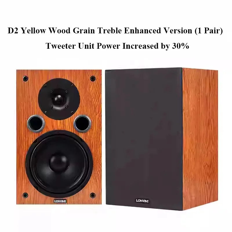 Pair of lonvine d2 passive speakers 100wx2 with yellow wood grain cabinets and 4-inch silk dome tweeter bookshelf speakers