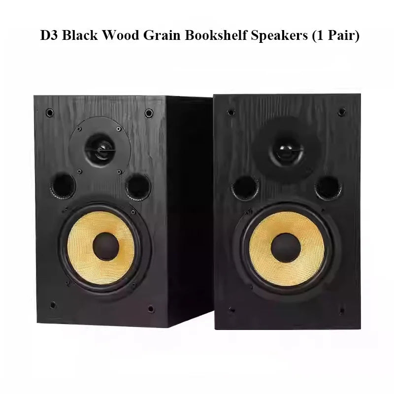 Black wood grain bookshelf speakers with gold woofers featuring silk dome tweeter passive speakers 100wx2 output power