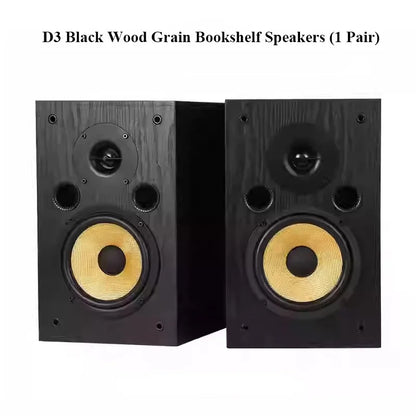 Black wood grain bookshelf speakers with gold woofers featuring silk dome tweeter passive speakers 100wx2 output power