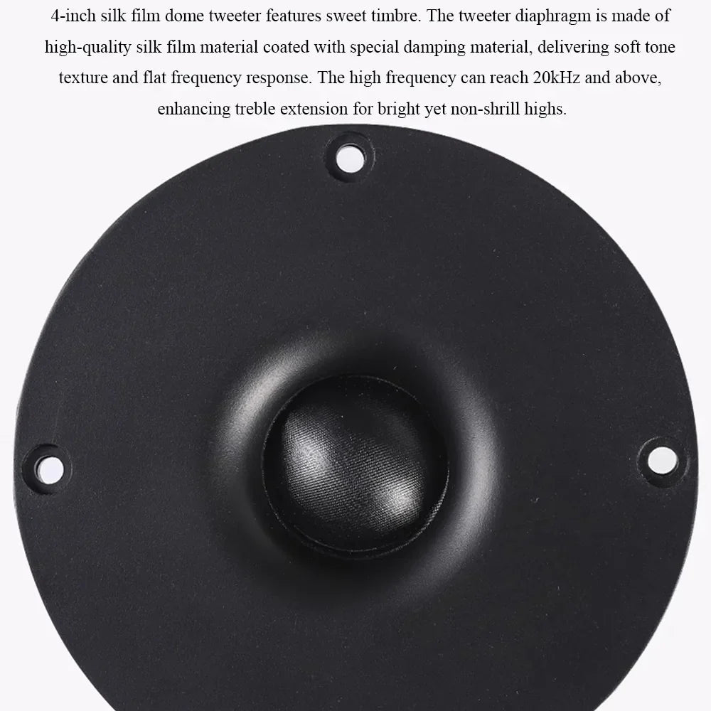 Black 4-inch silk dome tweeter with matte finish and three mounting holes for passive speakers 100wx2 bookshelf speakers