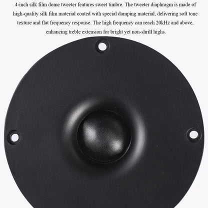 Black 4-inch silk dome tweeter with matte finish and three mounting holes for passive speakers 100wx2 bookshelf speakers