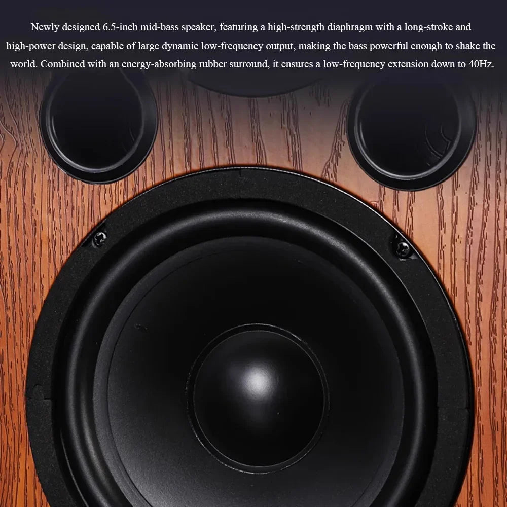 Black 6.5-inch mid-bass speaker with high-strength diaphragm and rubber surround in wood-grain cabinet for passive speakers 100wx2