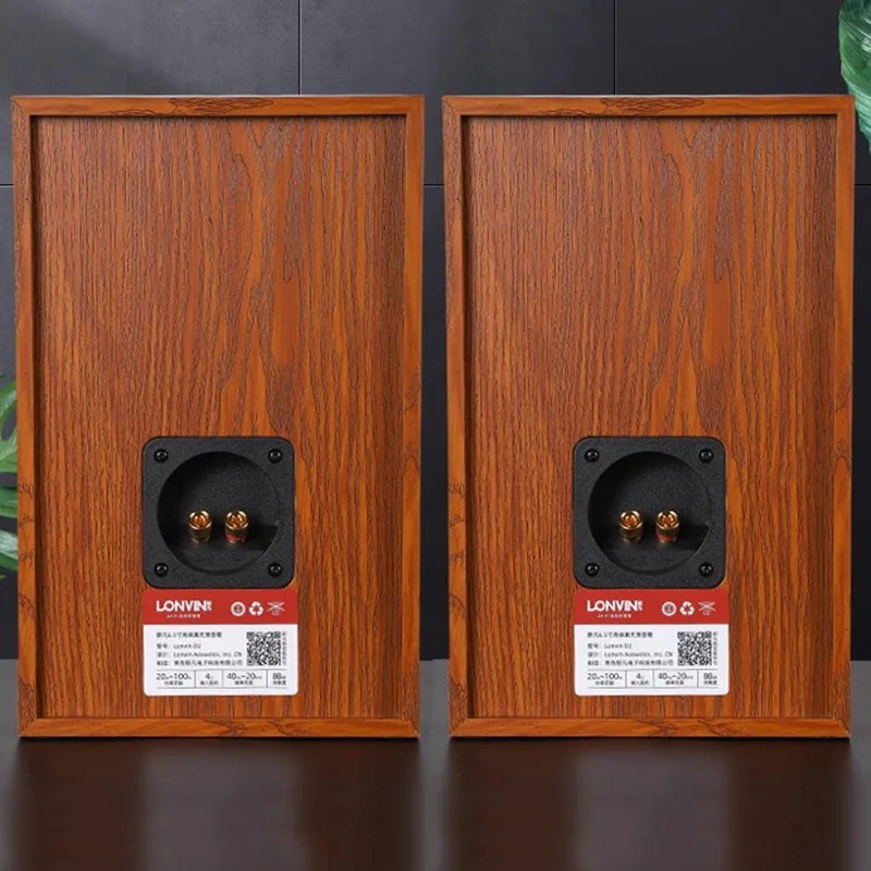 Pair of lonvin brand wooden bookshelf speakers with warm brown finish and black terminals featuring silk dome tweeter