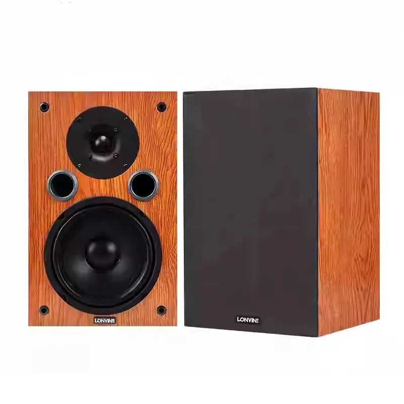 Pair of lonvin bookshelf speakers with wood-grain panels and black drivers featuring silk dome tweeter passive speakers 100wx2