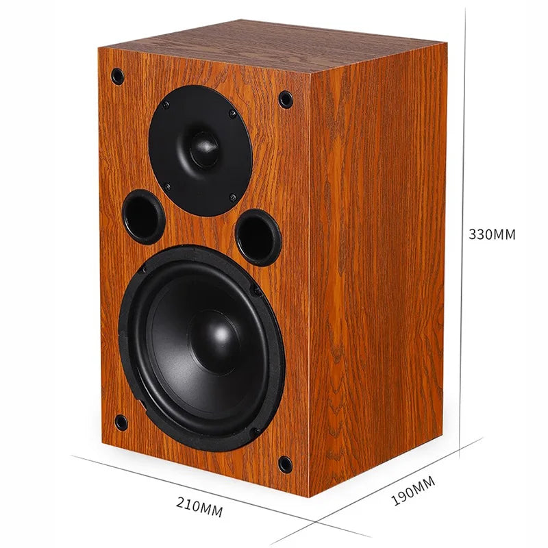 A rectangular wooden bookshelf speaker with a warm brown finish, featuring silk dome tweeter and passive speakers 100wx2 output power