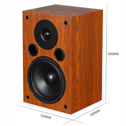 A rectangular wooden bookshelf speaker with a warm brown finish, featuring silk dome tweeter and passive speakers 100wx2 output power