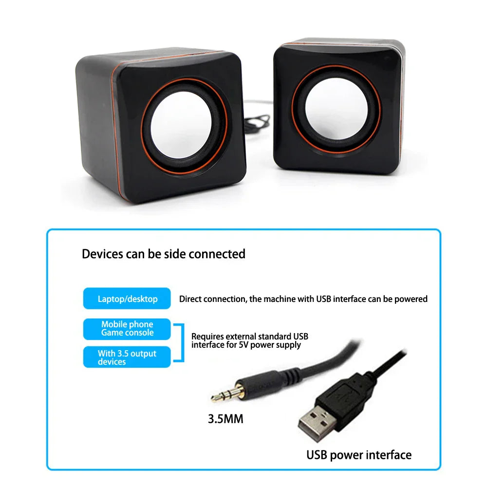 Black cube-shaped home laptop mini usb powered dual stereo speaker with orange trim for multimedia desktops and notebooks