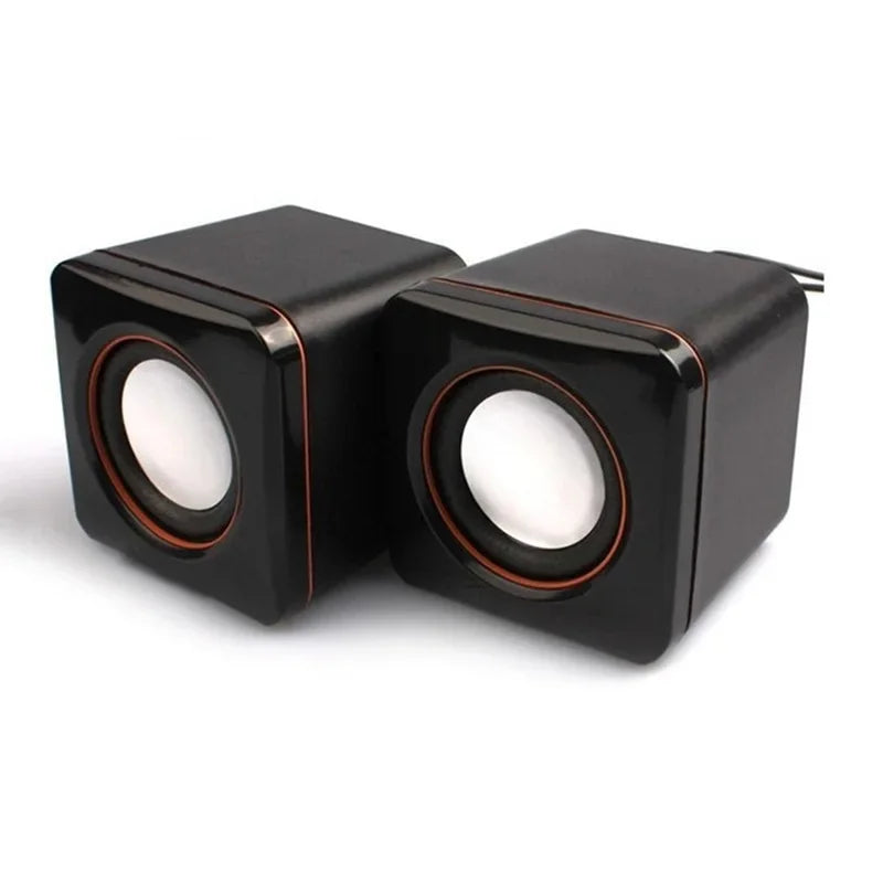 Black cube shaped speaker mini usb powered dual stereo speaker system with glossy finish and red accent rings