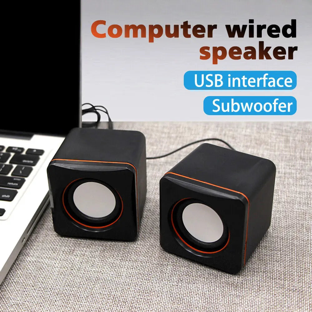 Black cube shaped home laptop mini speaker mini usb powered dual stereo speaker with orange trim for computers