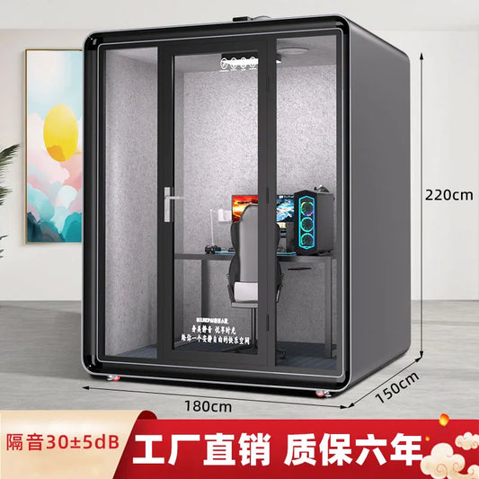 Black-framed transparent glass home phone booth with built-in soundproofing for booth recording studio and silent sleep compartment