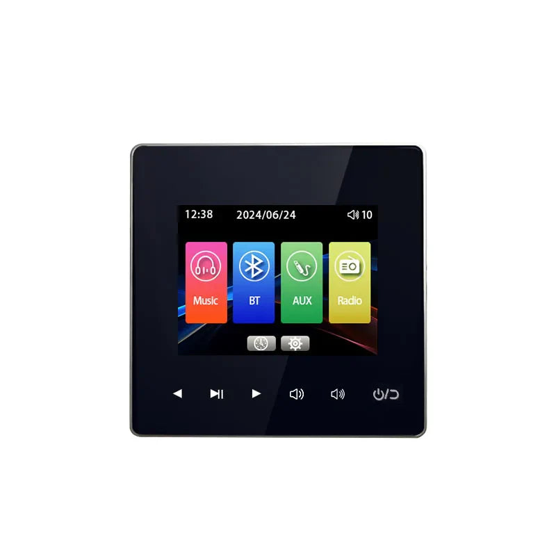 Black square touchscreen panel with colorful app icons for music and aux in home theater power amplifier bluetooths system