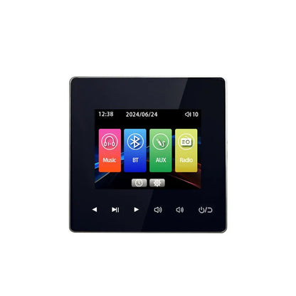 Black square touchscreen panel with colorful app icons for music and aux in home theater power amplifier bluetooths system