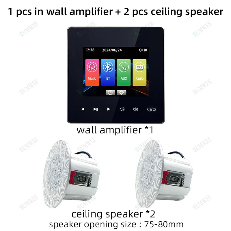 Black square wall power amplifier bluetooths player with touchscreen panel ceiling speakers control for home theater audio