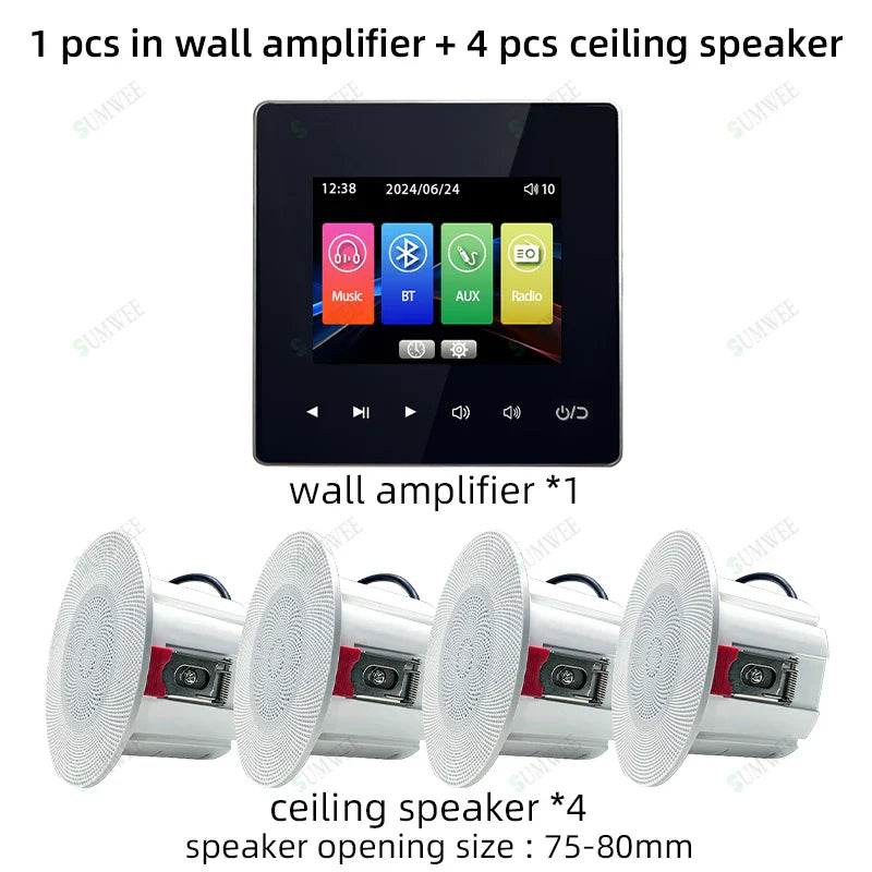 Black touchscreen wall power amplifier bluetooths player with colorful app icons and four white panel ceiling speakers