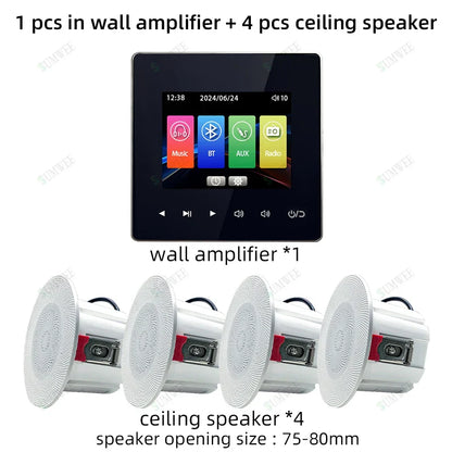 Black touchscreen wall power amplifier bluetooths player with colorful app icons and four white panel ceiling speakers
