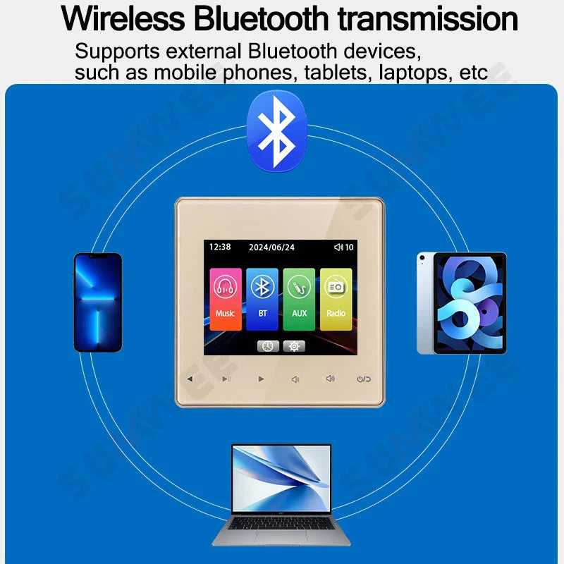 Beige wireless bluetooth car stereo with touchscreen panel featuring power amplifier bluetooths player and aux options