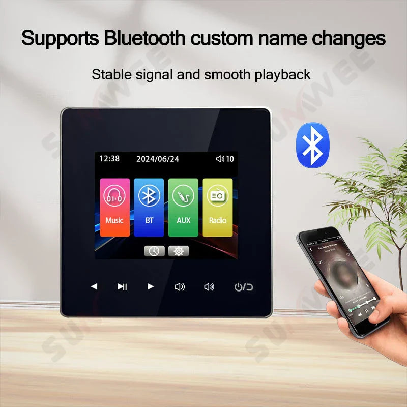Black rectangular car audio touchscreen display with colorful app icons and bluetooth features for panel ceiling speakers power amplifier bluetooths system