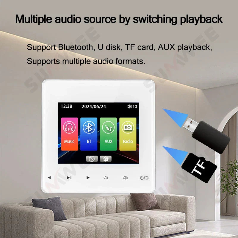 White rectangular home theater power amplifier bluetooths player with touchscreen panel ceiling speakers control interface