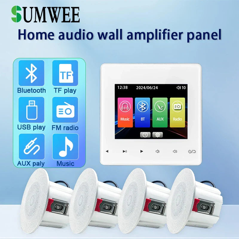 White rectangular wall-mounted power amplifier bluetooths panel with touchscreen and five matching white panel ceiling speakers