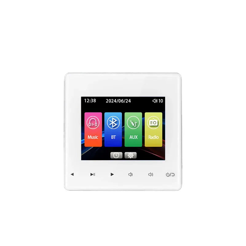 White rectangular home theater audio player with touchscreen panel ceiling speakers and power amplifier bluetooths features