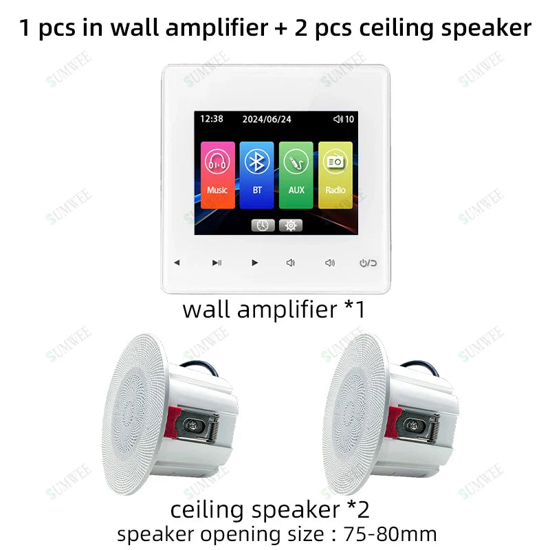 White rectangular wall power amplifier bluetooths player with touchscreen panel ceiling speakers control options displayed