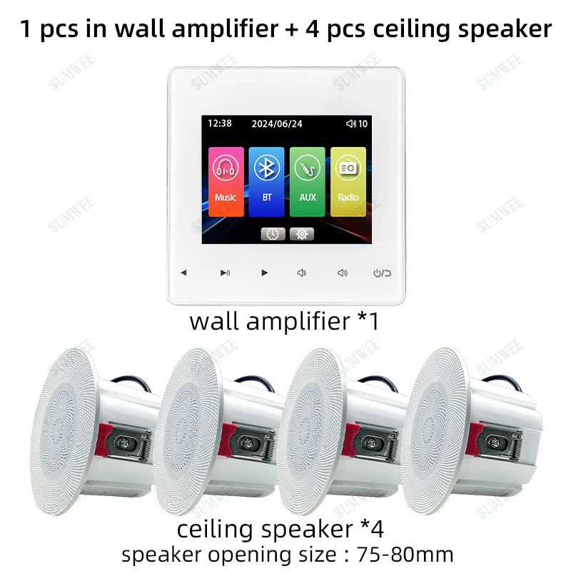 White rectangular wall power amplifier bluetooths player with touchscreen panel ceiling speakers control options for home audio