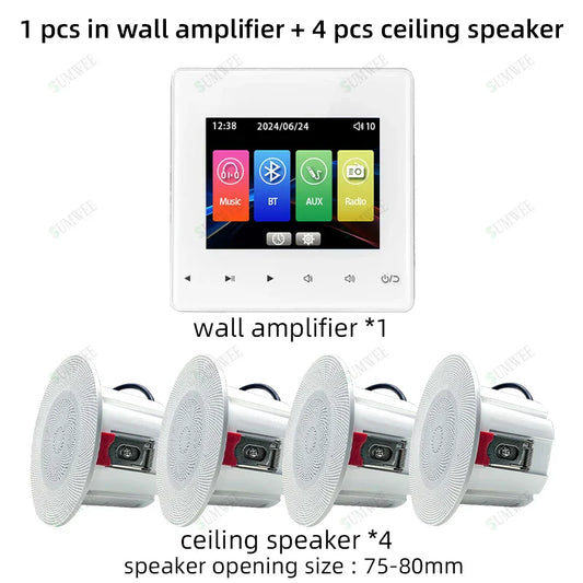 White rectangular wall power amplifier bluetooths player with touchscreen panel ceiling speakers control options for home audio