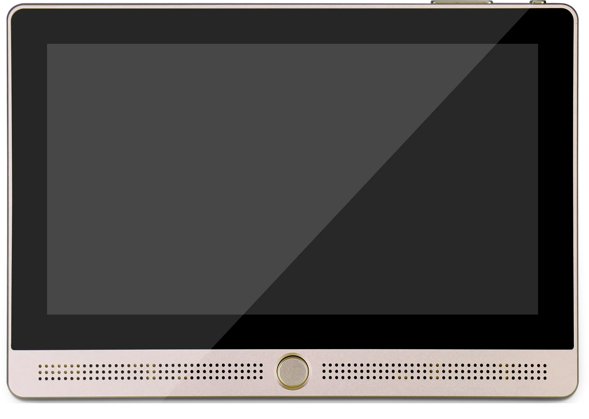 Gold-colored 7 inch zigbee terminal tablet with black screen and speaker grilles for home theater sound music host