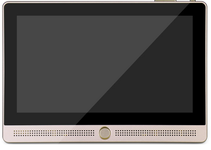 Gold-colored 7 inch zigbee terminal tablet with black screen and speaker grilles for home theater sound music host