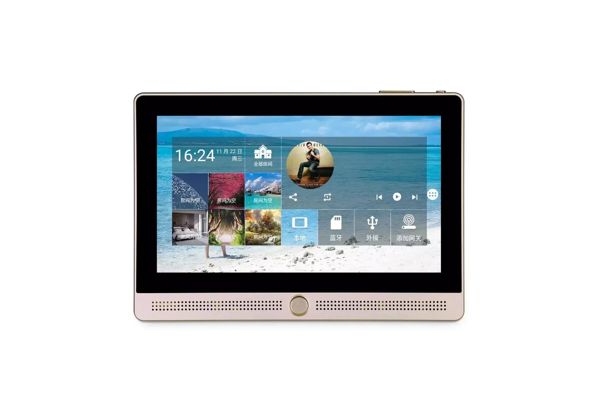 Gold-colored 7 inch zigbee terminal tablet with touchscreen displaying home theater sound and smart music host features