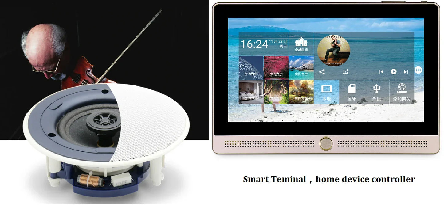 White circular 7 inch zigbee terminal ceiling speaker with blue components and silver cone for home theater sound music host