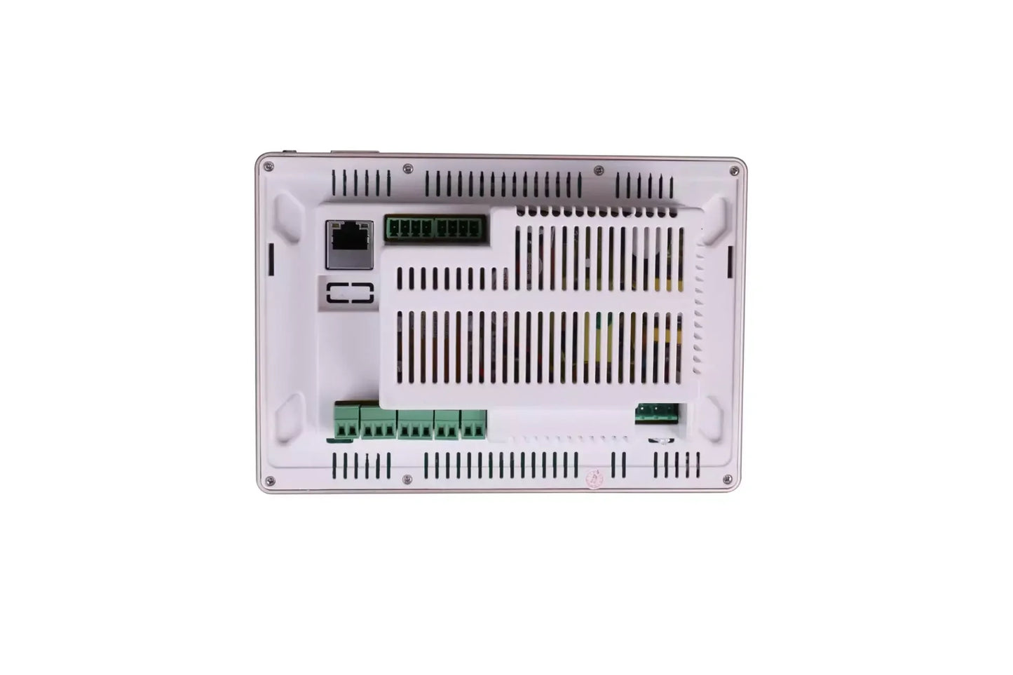White rectangular industrial touchscreen panel with matte finish and green terminal blocks for home theater sound inch zigbee terminal