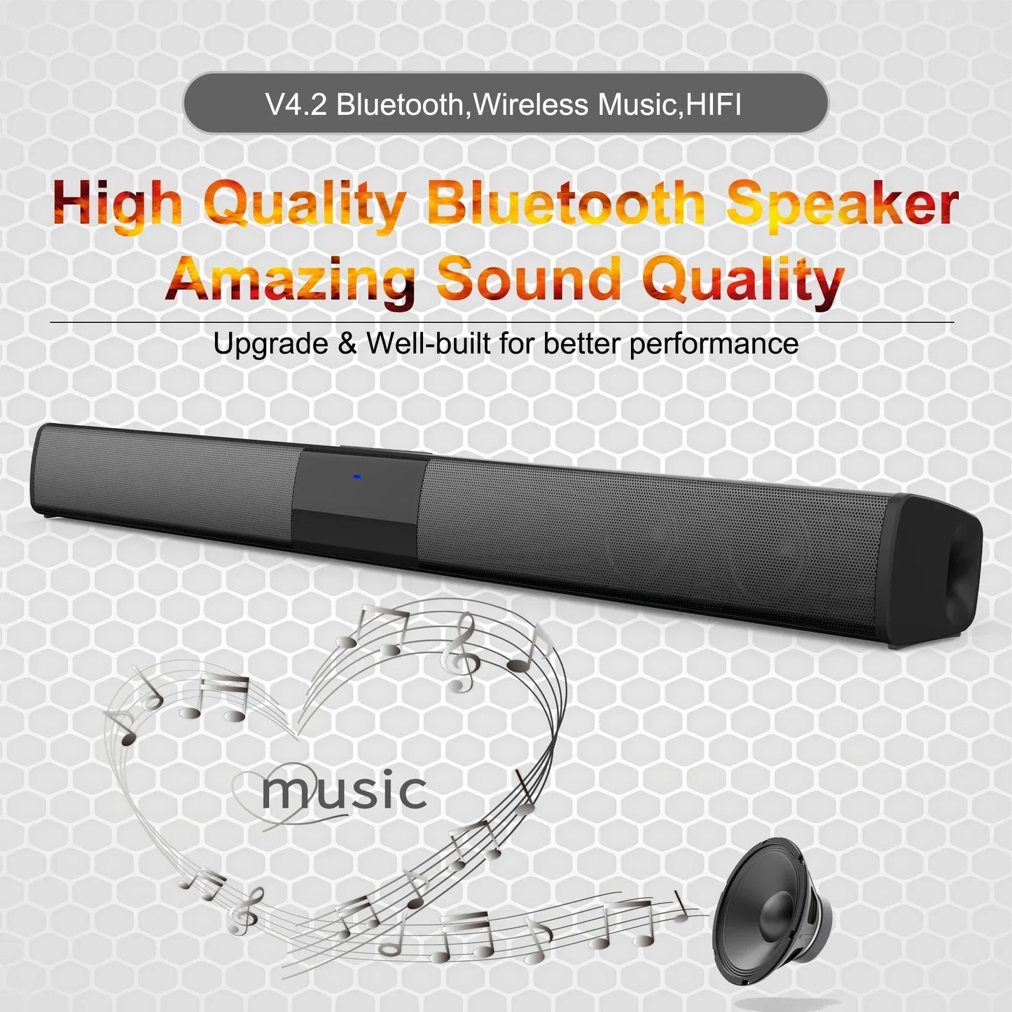 Black rectangular bluetooth speaker with textured grille and control panel for home theater sound and soundbar box subwoofer