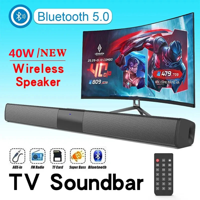 Black wireless home theater soundbar with sleek design and textured grille for soundbar box subwoofer and radio music center