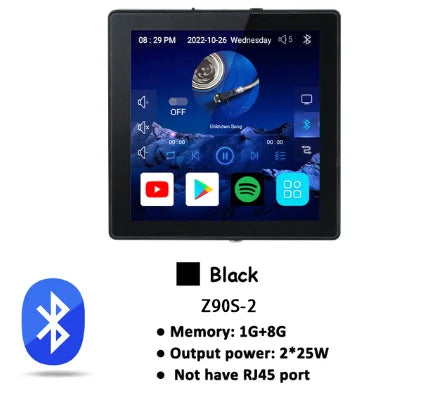 Black z90s-2 wall amplifier with 4-inch touch screen display featuring media controls and voice control remote support