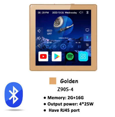 Golden z90s-4 bluetooth car stereo with gold frame touchscreen interface featuring voice control remote and wall amplifier functions