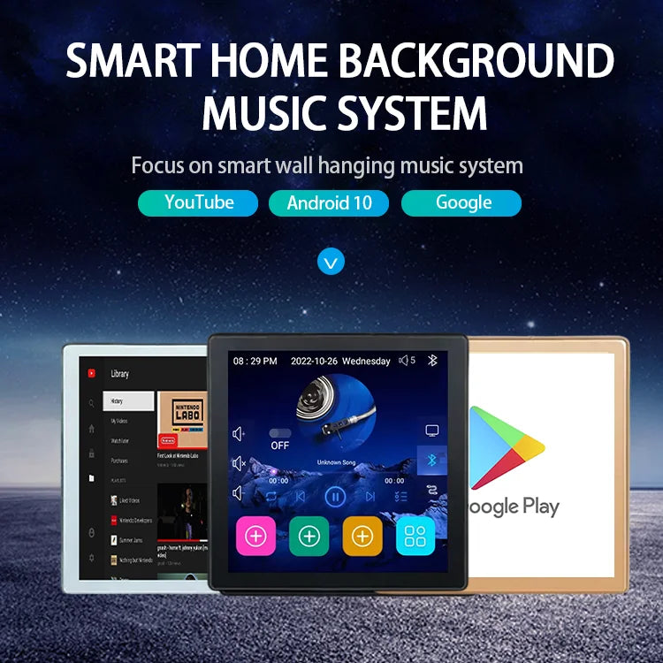Black-framed home theater stereo sound wall amplifier with 4 touch screen display and voice control remote for media use