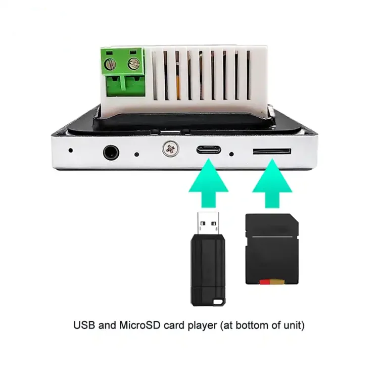 White and black car audio receiver with usb and microsd ports on back for home theater stereo touch screen wall amplifier