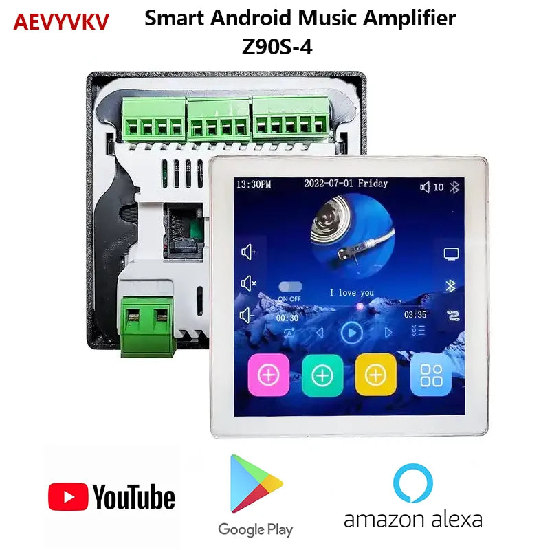 White-framed 7-inch touchscreen android wall amplifier with voice control remote and green terminal blocks for home theater use