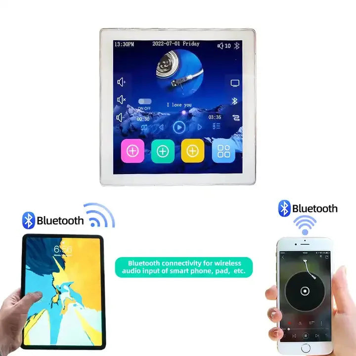 White rectangular touch screen wall amplifier with silver bezel displaying music player supporting voice control remote
