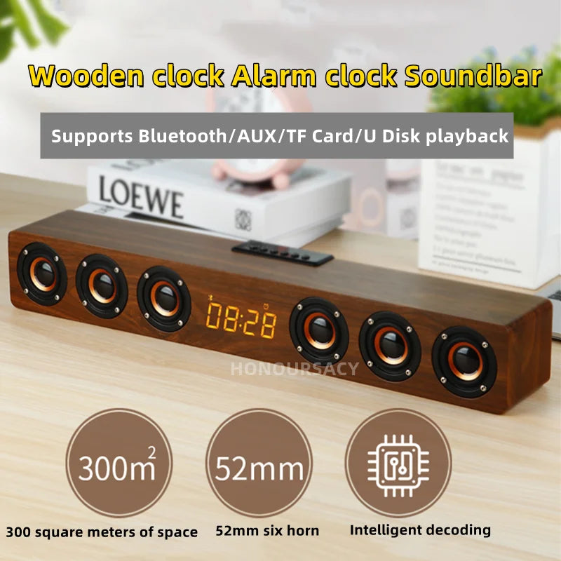 A sleek dark brown wooden home theater wireless speaker tv soundbar with six 52mm speakers and digital clock display