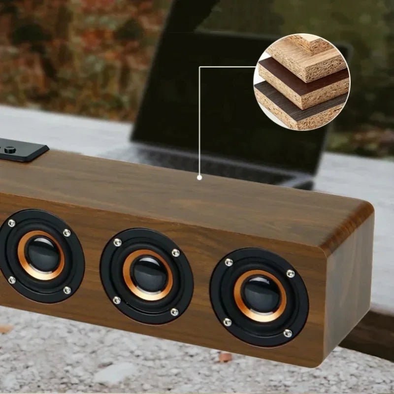 Wooden rectangular home theater wireless speaker tv soundbar with three black drivers and radio sound system features