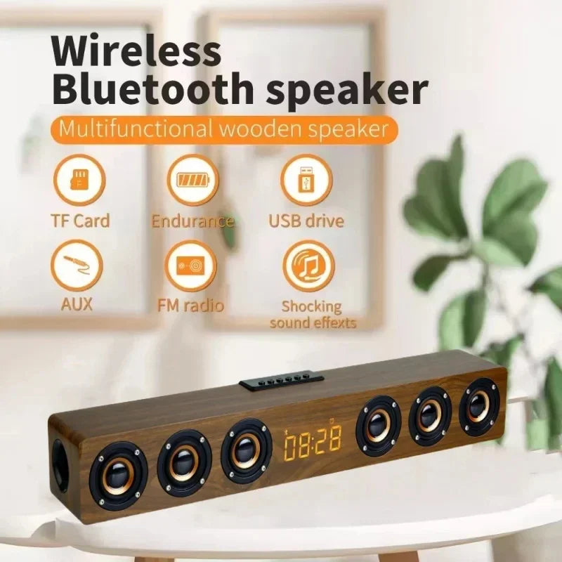 Wooden rectangular home theater wireless speaker tv soundbar with multiple speakers and digital clock radio sound system