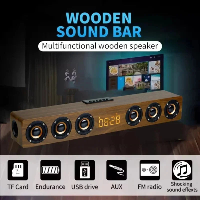 Wooden home theater wireless speaker tv soundbar with natural wood finish, multiple speakers, digital clock display, and radio sound system