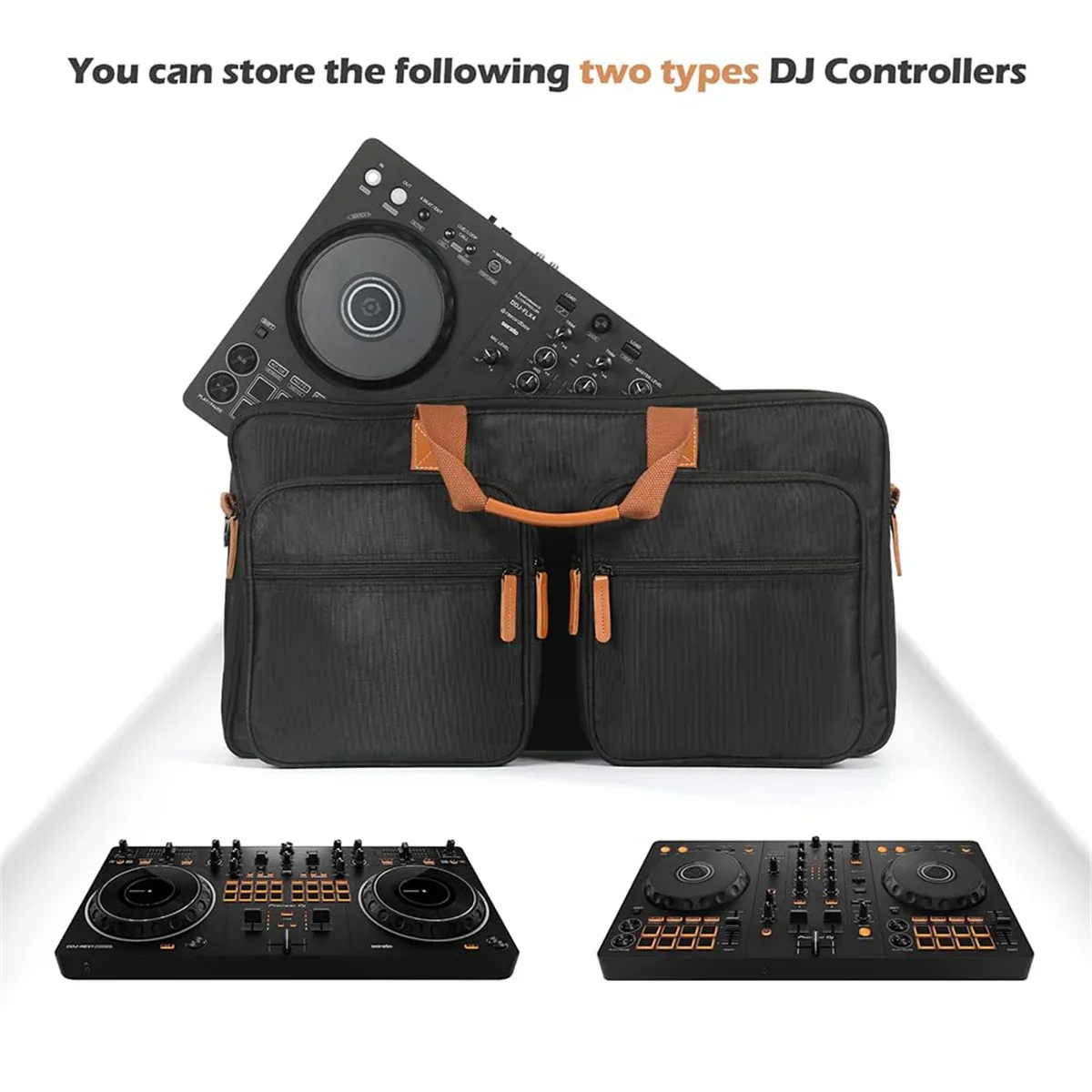 Black dj controller carrying case with tan leather handles and zippers for pioneer dj ddj-flx4 ddj-rev1 and numark mixtrack platinum