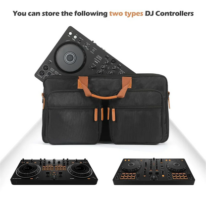 Black dj controller carrying case with tan leather handles and zippers for pioneer dj ddj-flx4 ddj-rev1 and numark mixtrack platinum